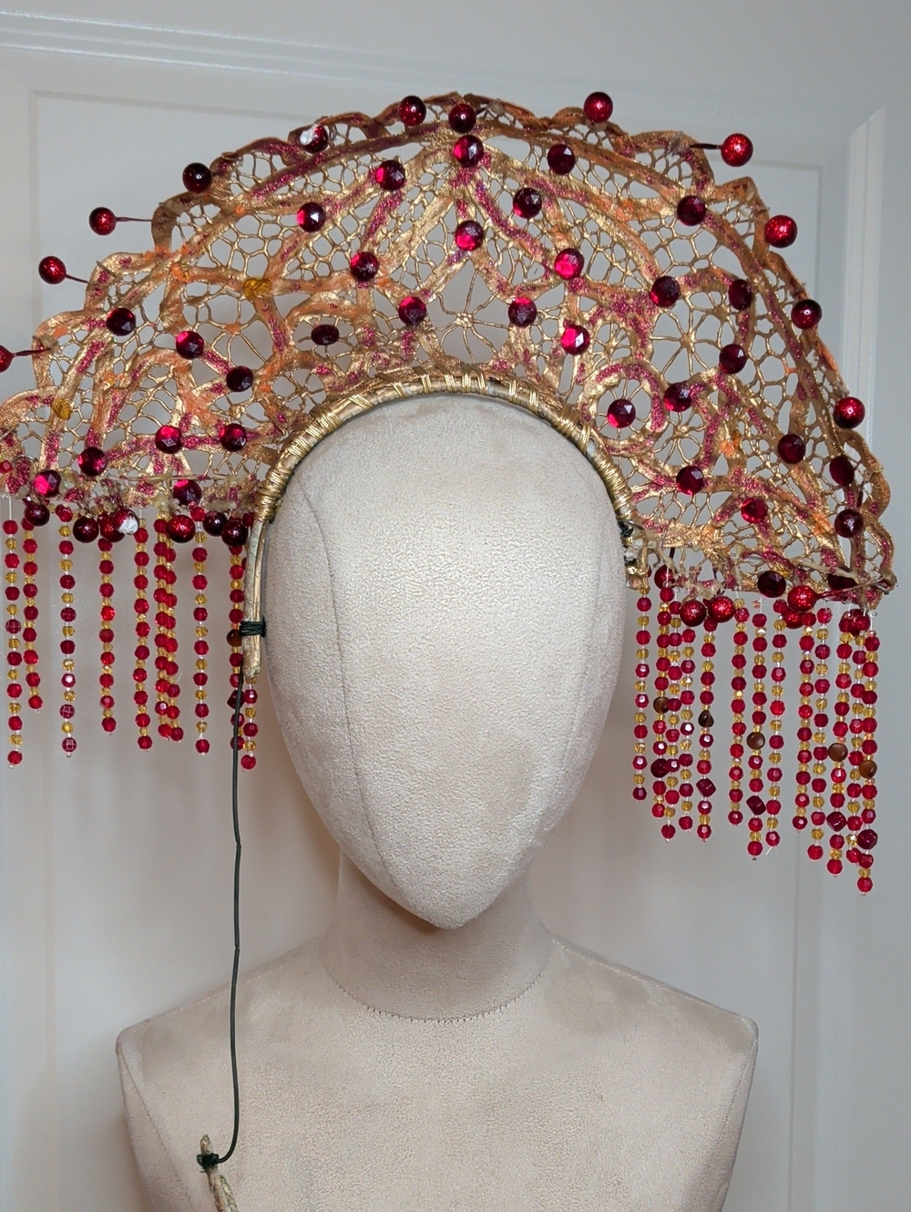 Beaded Goddess Headress Red Gold Sun Fire Halo Halloween Costume